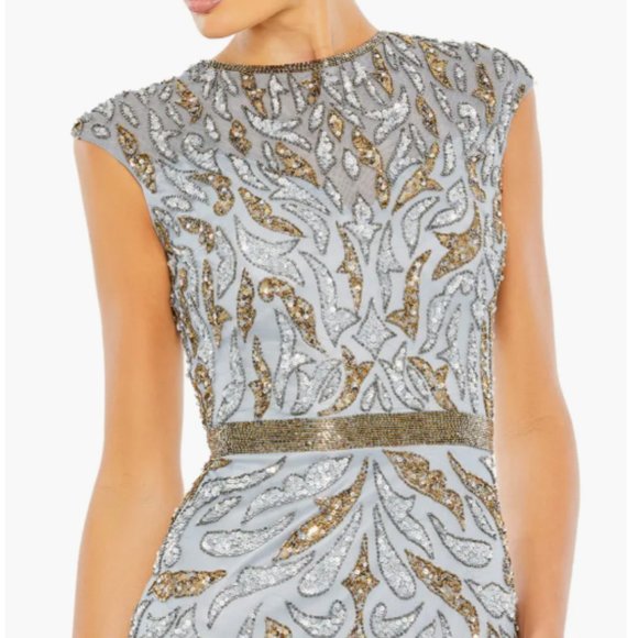 MAC DUGGAL 5532 EMBELLISHED ILLUSIONS CAP SLEEVE COLUMN PLATINUM GOLD GOWN sz 10 - Picture 2 of 3